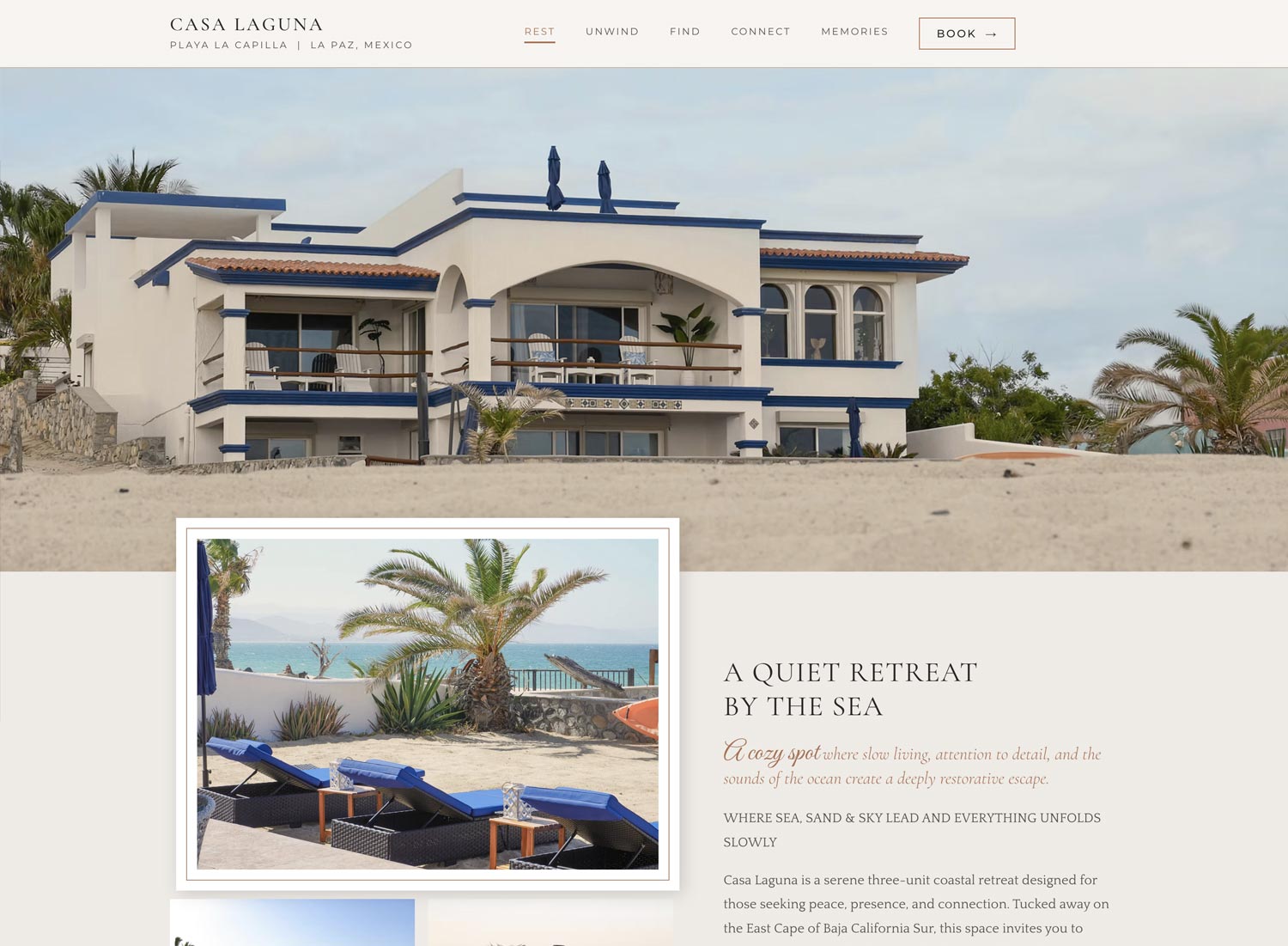 Casa Laguna luxury hospitality website displayed in a browser window.