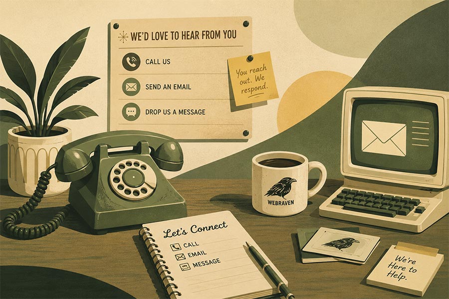 Retro contact desk with telephone, computer, and message stationery.