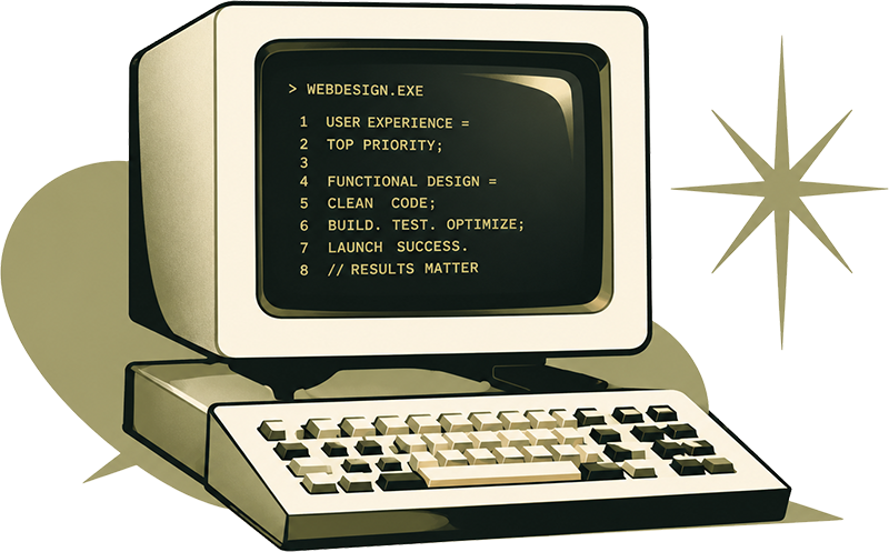 Retro computer illustration representing custom web application development.