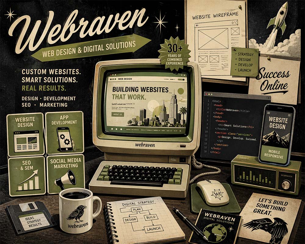 Retro-inspired Webraven digital studio collage showing web design, app development, and SEO services