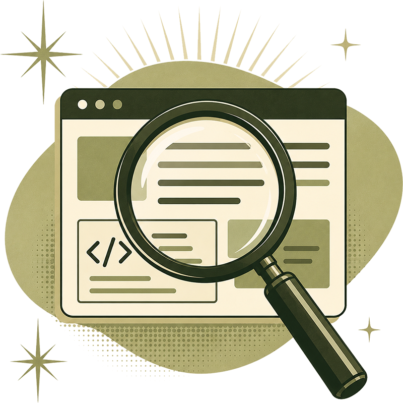 Retro magnifying glass illustration representing technical SEO and on-page optimization.
