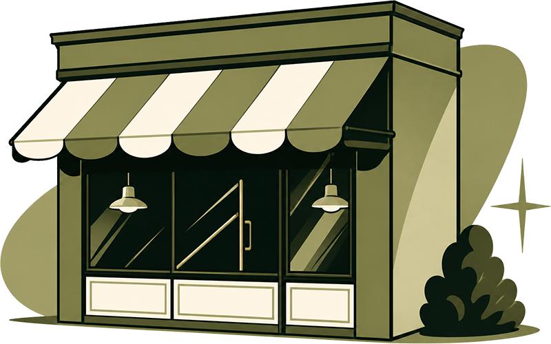 Retro illustration of a small business storefront representing custom website design for local businesses.