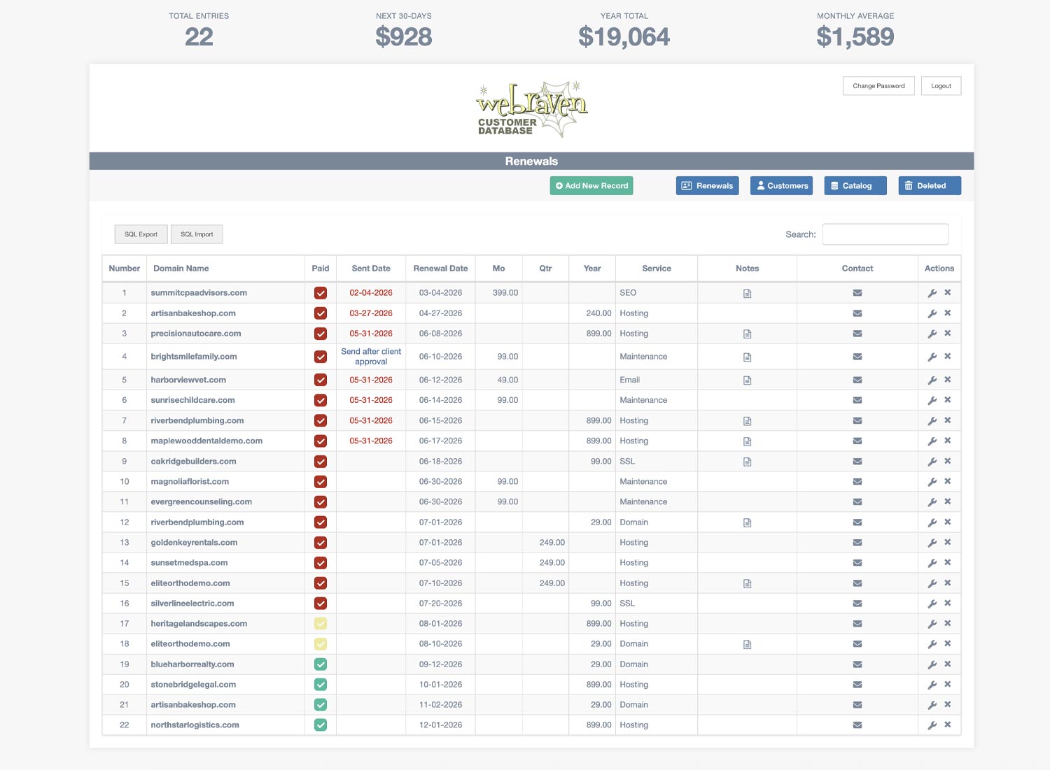 StatManager custom business management platform showing customer and renewal information.