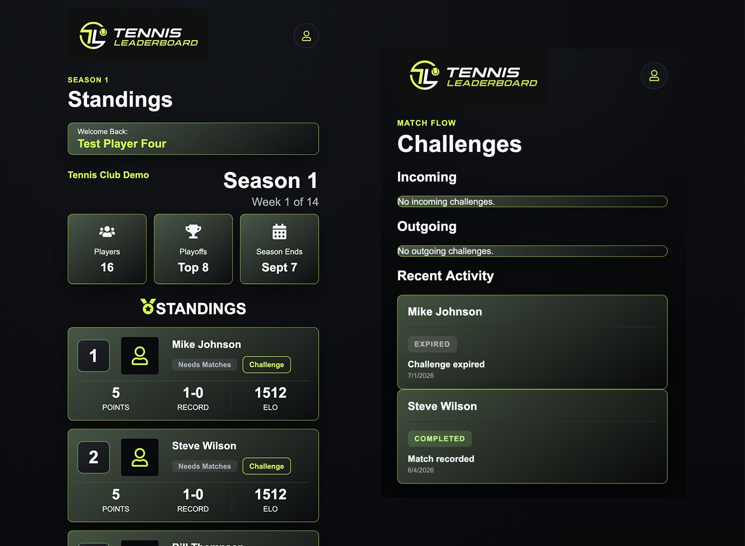 TennisLeaderboard progressive web application showing competitive tennis standings.